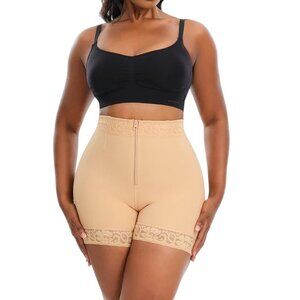 Deep Nude Mid-Waist Butt Lifter Tummy Control Front Zipper Slimming Faja Shorts
